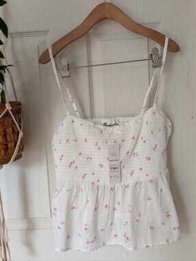 NWT No Boundaries White Pink Smocked Floral Tank Large 12/14
